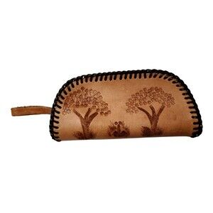 Small Brown Tan Tooled Leather Glasses Case Laced Edges Zipper